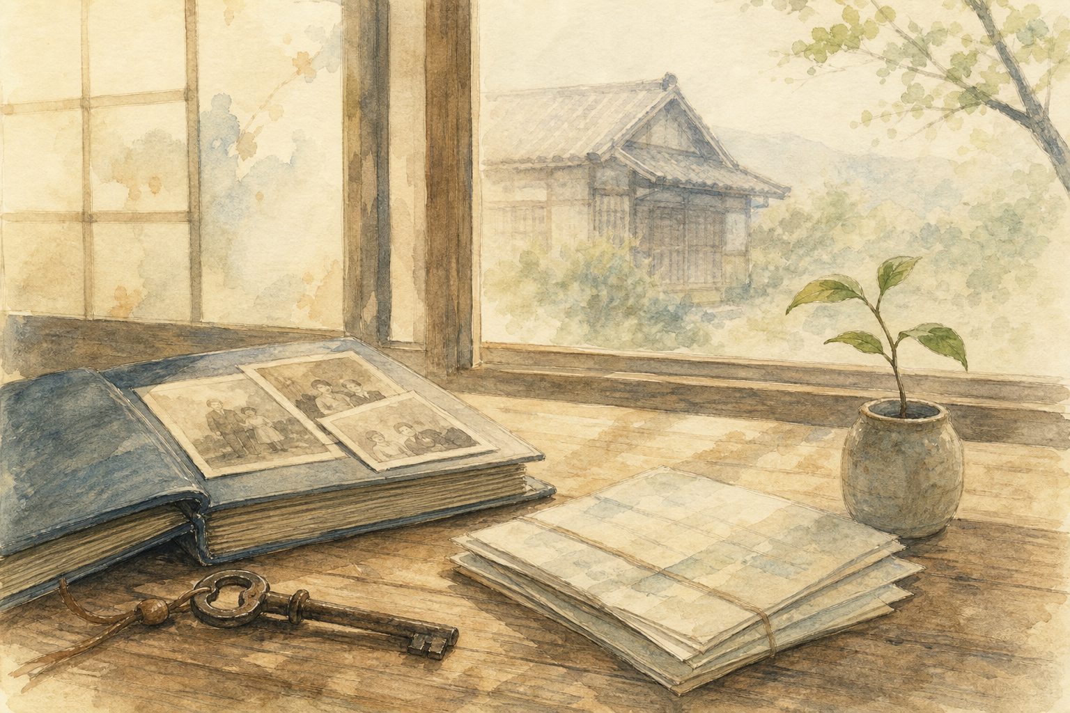 古い鍵と家族のアルバム、書類、若葉を描いた水彩画