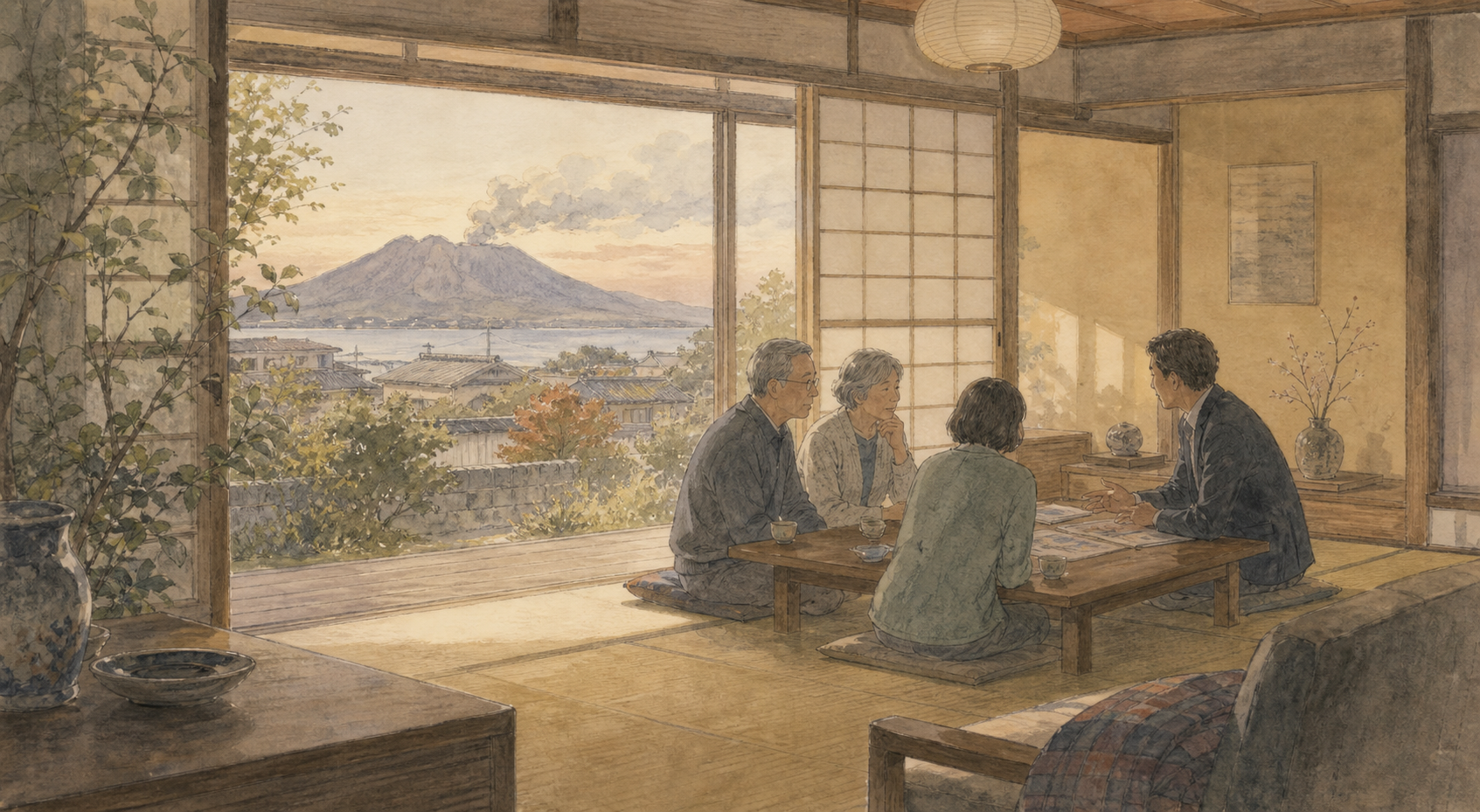 桜島を望む家で、家族と相談員が静かに話す水彩画